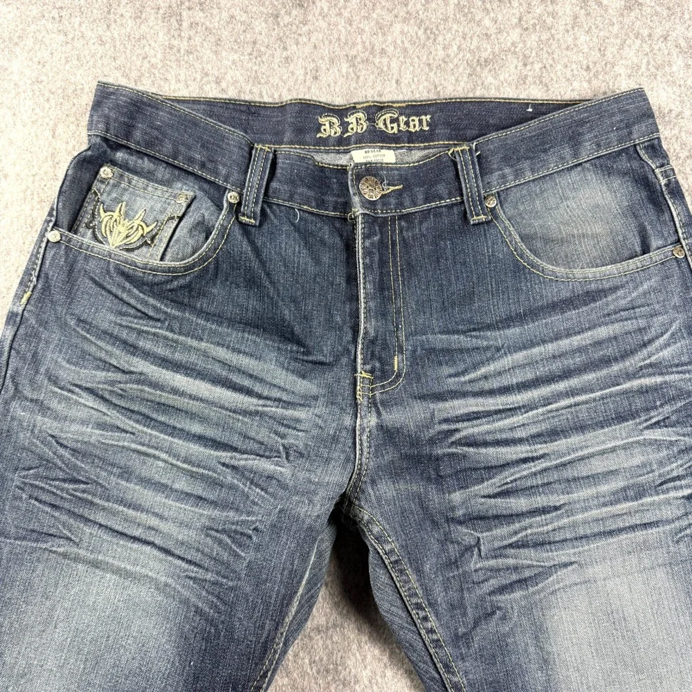BB Gear Denim Distressed Jeans Mens 36x29‎ Straight Leg Y2K Embroidered vtg